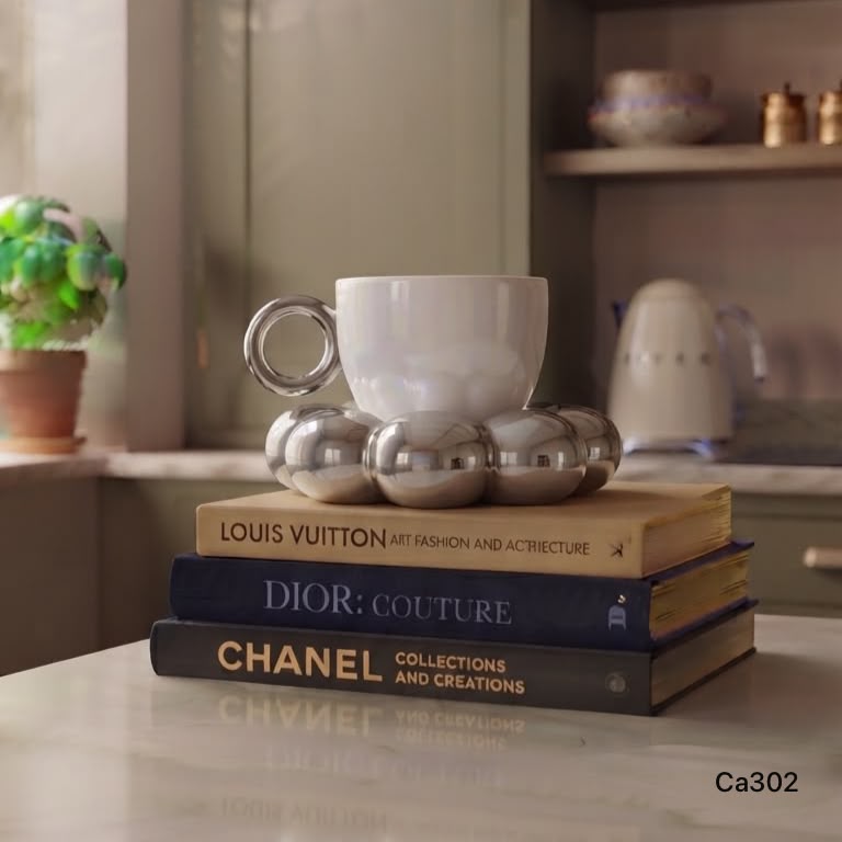 Taza plato burbuja plateado-blanco ceramica